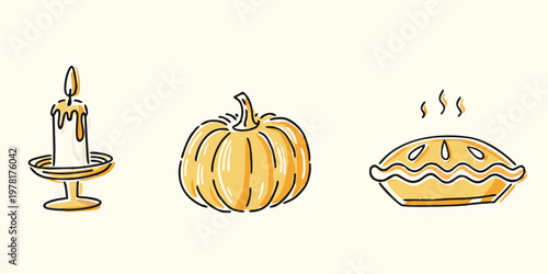 Autumnal still life featuring a candle pumpkin and a slice of pie