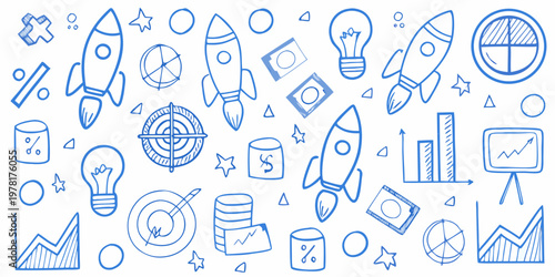 Blue line drawing of rockets ideas and business growth concepts