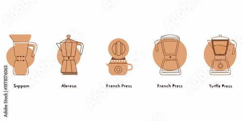 Illustrations of various coffee brewing methods and equipment types