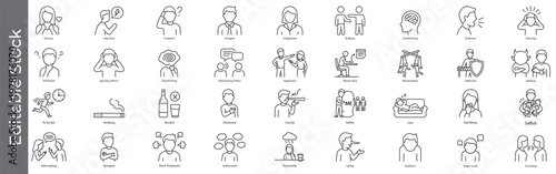Negative personality traits and bad habits icon set – editable outline symbols of dishonesty, selfishness, arrogance, addiction and emotional issues