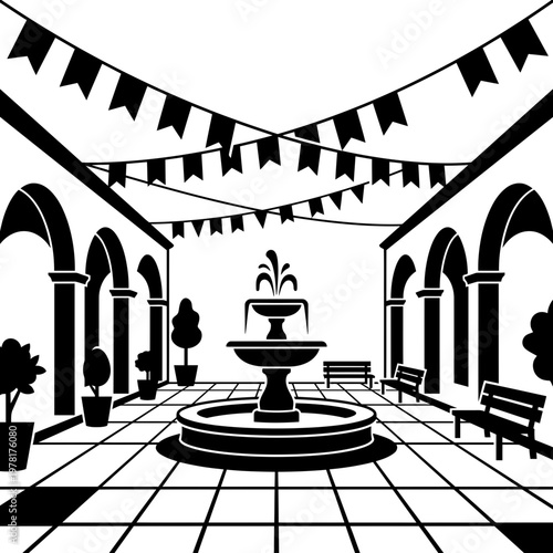 Banquet table under festive flags with seated guests