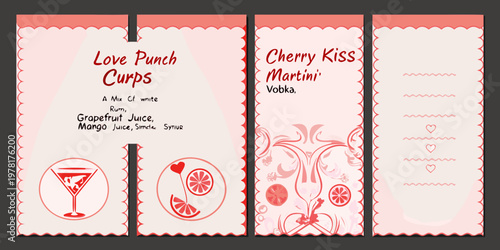 Three cocktail recipe cards featuring pink and red designs