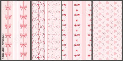 Pink patterned backgrounds featuring bows cherries and strawberry motifs