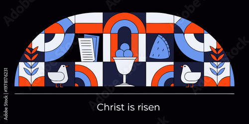 Stylized stained glass illustration depicting easter symbols and religious motifs