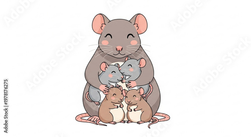Cute mother rat hugging her babies heartwarming family illustration for childrens books and pet care concepts isolated on white background