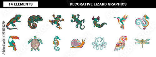 Colorful Folk Art Animal Asset Sheet.