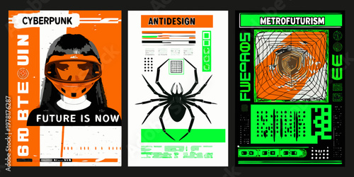 A triptych of futuristic neon lit graphic designs exploring cyberpunk aesthetics