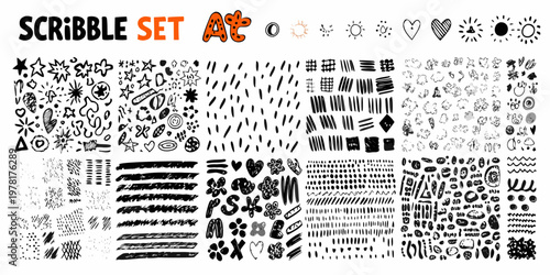 Collection of hand drawn scribble textures doodles and playful graphic elements