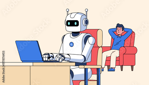 AI robot working on laptop while human relaxing on chair modern lifestyle concept