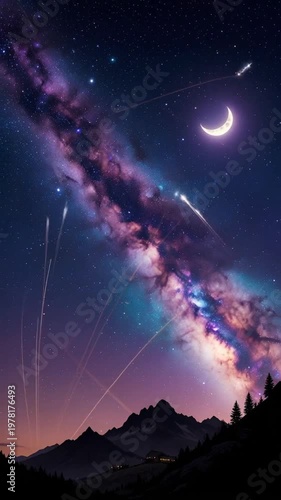 Majestic night sky featuring the Milky Way galaxy, crescent moon, and shooting stars over mountain silhouettes, serene celestial nature landscape.