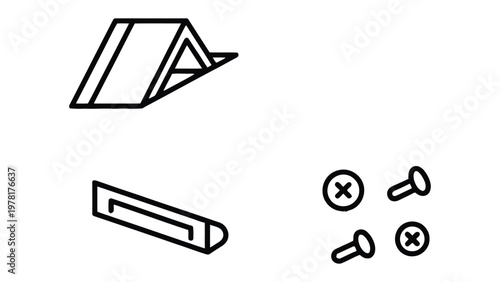 Assembly Components: An array of essential components meticulously arranged for a construction or repair project, with focus on precision and design