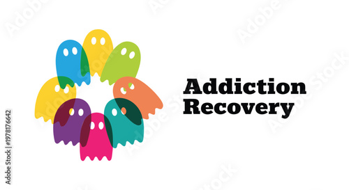 Addiction recovery concept, colorful ghostly figures, support group icon, recovery symbol