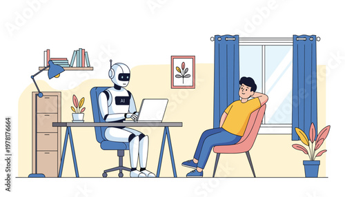 AI working at desk while human relaxing in cozy room smart home automation concept