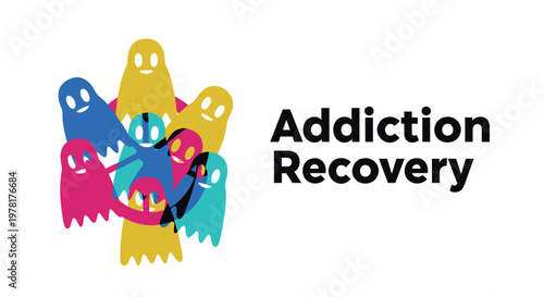 Addiction recovery concept, colorful ghostly figures, support symbol, recovery logo, mental health vector