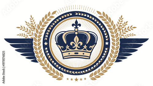 Royal crown badge with wings and laurel wreath symbolizing nobility and honor in a circular emblem with gold and blue tones