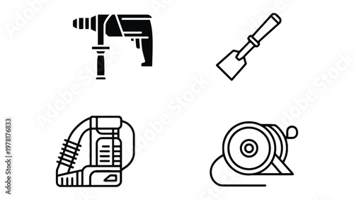 Hand tools vector: Illustrative of assorted hand tools, precisely designed for a range of domestic and professional tasks. Featuring power drill, paint scraper, vacuum cleaner, hose reel
