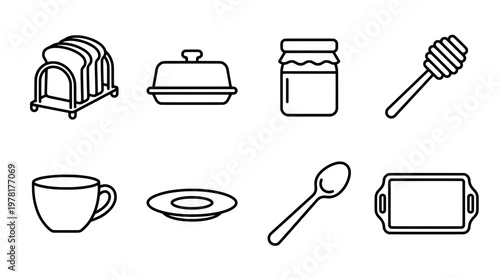 Breakfast icons toast butter honey utensils and serving tray illustrations
