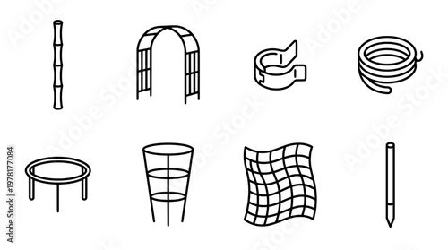 Black and white line art illustrations of garden tools and equipment