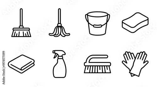 Cleaning supplies icon set broom mop bucket sponge cloth spray brush gloves
