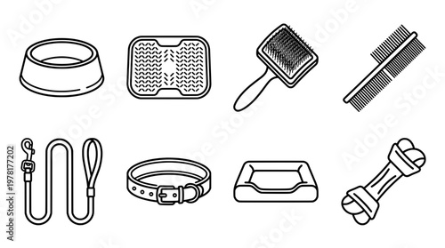 Dog care essentials vector illustration of grooming feeding and comfort items