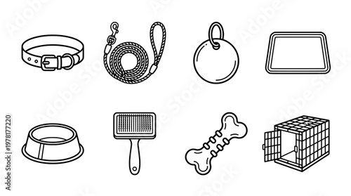 Dog supplies set collar leash tag bed bowl brush bone and crate icons