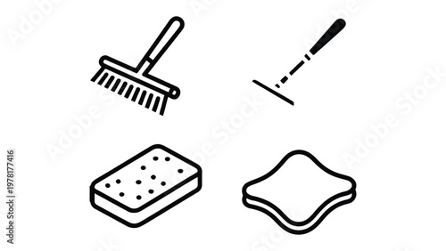 Cleaning tools: A collection of essential cleaning tools, including a brush, scraper, sponge, and rag, set against a pristine backdrop, perfect for illustrating cleanliness, sanitation.