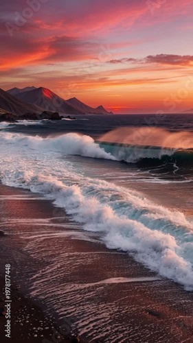 Ocean waves crashing on a black sand beach at sunset, dramatic mountain landscape with a vibrant orange and purple sky during golden hour.
