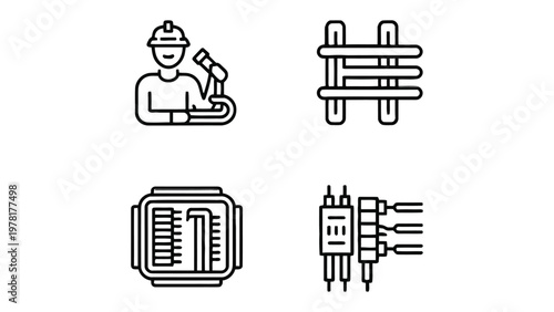 Technical Components Line: A selection of technical components. Including an engineer,  circuit board and related diagrams, evoking the essence of technological intricacy and design.