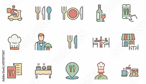 Collection of restaurant and food service icons including delivery, staff, tables, and ordering options