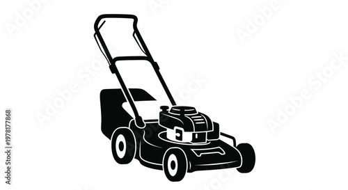 Black silhouette of a push lawn mower against a white background silhouette