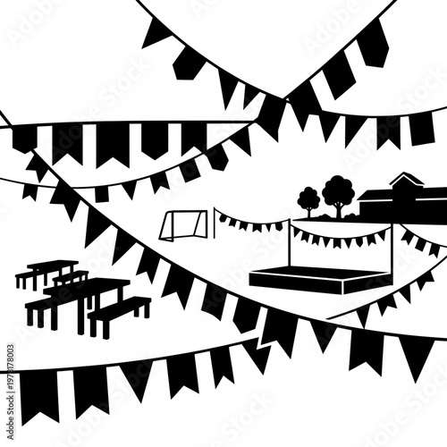 Campfire gathering inside circular festival flags silhouette