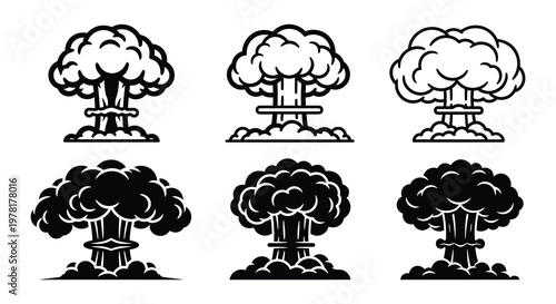 Six stylized depictions of mushroom clouds representing nuclear explosions