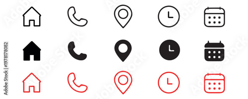 Minimal UI Icon Set. Home, Phone, Location, Clock and Calendar Line & Glyph Icons