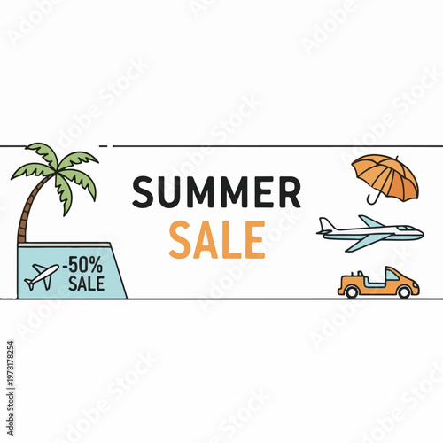 Summer sale banner graphic featuring a palm tree airplane umbrella and car icons for seasonal vacation travel promotions