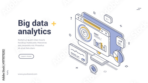Isometric banner template for big data analytics. Vector illustration of a dashboard with charts for business intelligence, data science, and information technology analysis