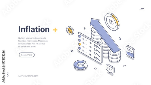 Isometric banner template showing inflation concept. Vector illustration of financial crisis, rising prices, and money value decrease. Data analysis report with charts and upward arrow for web design