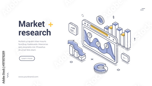 Isometric banner template for market research and business strategy. Vector illustration of data analysis with charts and graphs for marketing analytics, financial report, and SEO