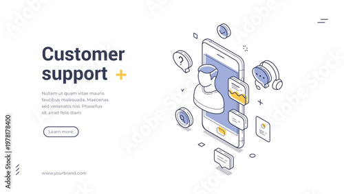 Isometric banner template for customer support service. Vector illustration of a mobile helpdesk with a user on a smartphone screen, chat icons, and a headset for online technical assistance