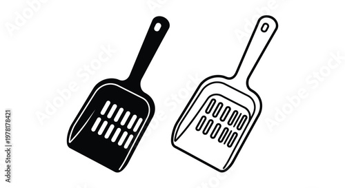 Two cat litter scoops one filled and one outline silhouette