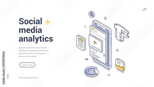 Isometric banner template for social media analytics and SMM. Vector illustration of digital marketing and content promotion. Concept for modern web design and mobile application interface