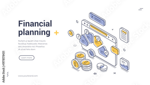 Isometric banner template for financial planning and budget management. Vector illustration of investment strategy and economy. Concept for modern web design and business analytics interface