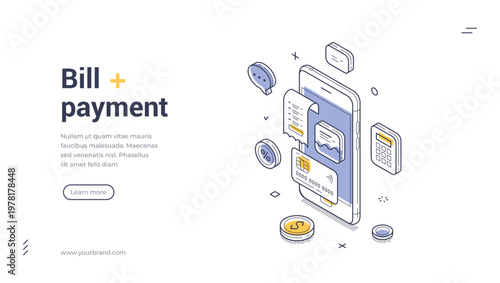 Isometric banner template for online bill payment and mobile banking. Vector illustration of financial transactions. Concept for modern web design and secure payment app interface