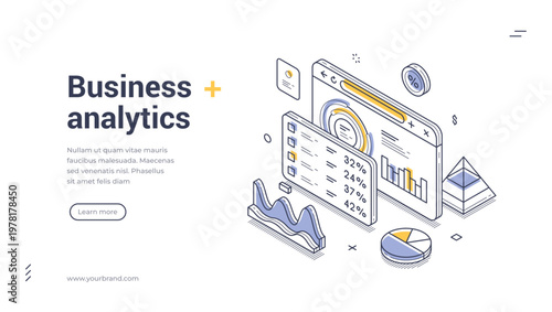 Isometric banner template for business analytics and data visualization. Vector illustration of financial report and statistics. Concept for modern web design and data analysis interface