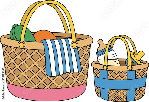 Wicker picnic baskets with food items and cloth, outdoor summer picnic concept isolated vector illustration for lifestyle and leisure design