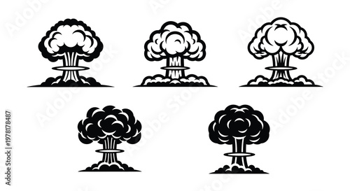 Six stylized depictions of mushroom clouds representing nuclear explosions