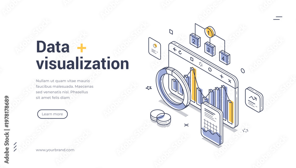 Naklejka premium Isometric data visualization banner. Vector illustration for web design. Concept of business analytics, statistics, and financial report. Digital technology infographic for presentation or website