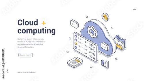 Isometric banner template for cloud computing services. Vector illustration of data processing and storage technology. Concept for hosting, database management and network infrastructure