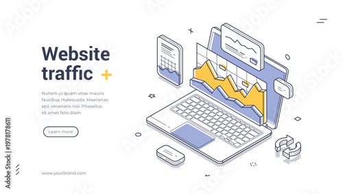 Isometric banner template for website traffic analysis. Vector illustration of SEO data on a laptop screen. Concept for digital marketing and web analytics performance monitoring