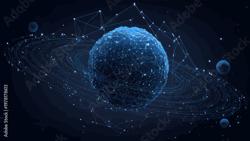 A celestial sphere composed of interconnected digital nodes and orbiting rings represents global data networks and the vastness of information.