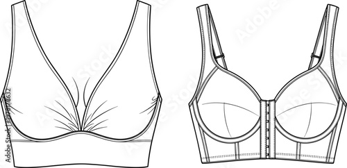 Women bra set front view outline drawing, lingerie fashion design template isolated vector illustration for clothing, underwear and apparel design